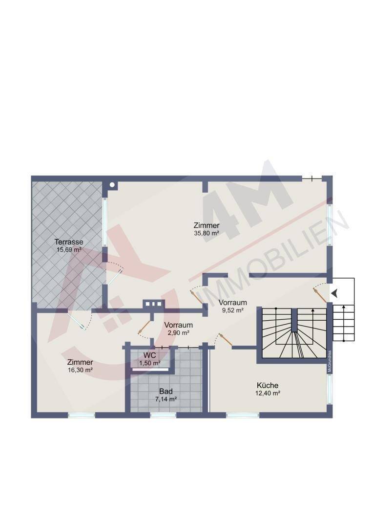 Grundriss des Erdgeschosses mit Terrasse, Zimmern, Bad und WC.