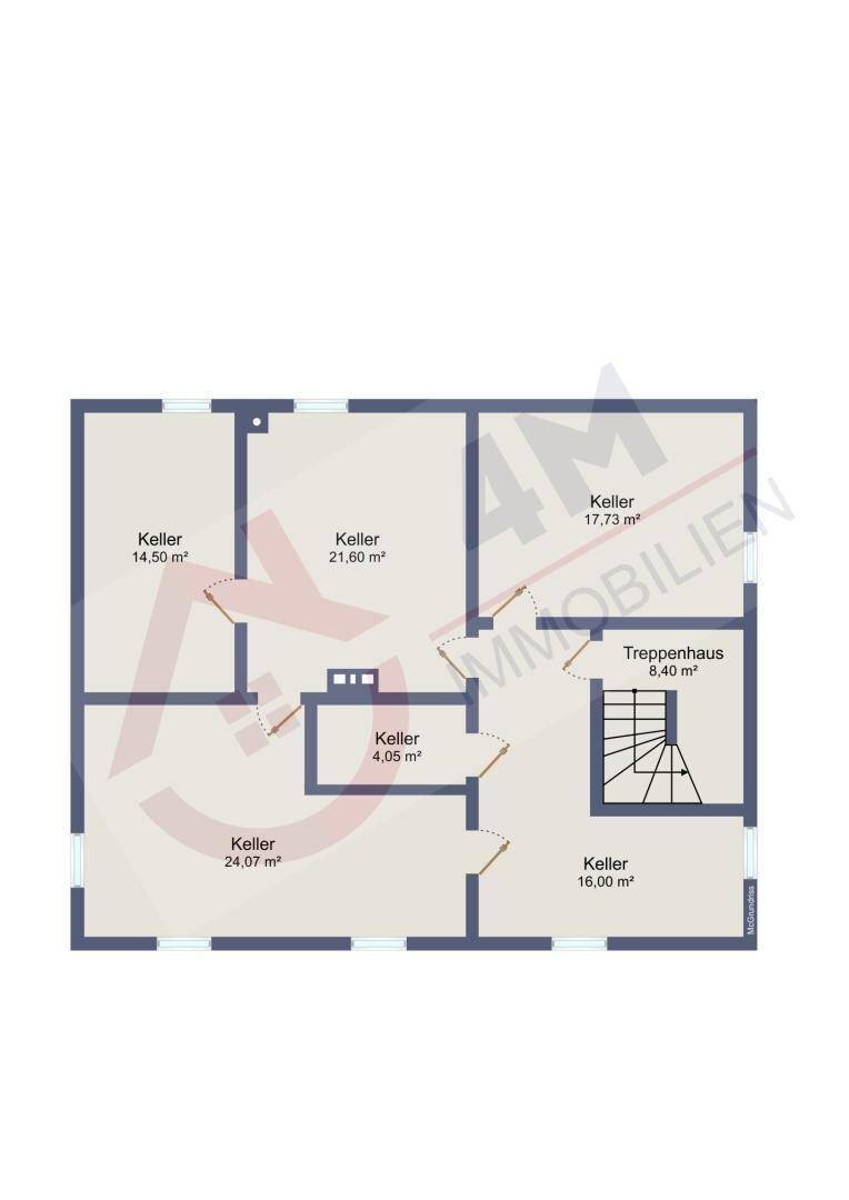 Grundriss des Kellergeschosses mit mehreren Kellerräumen und Treppenhaus.
