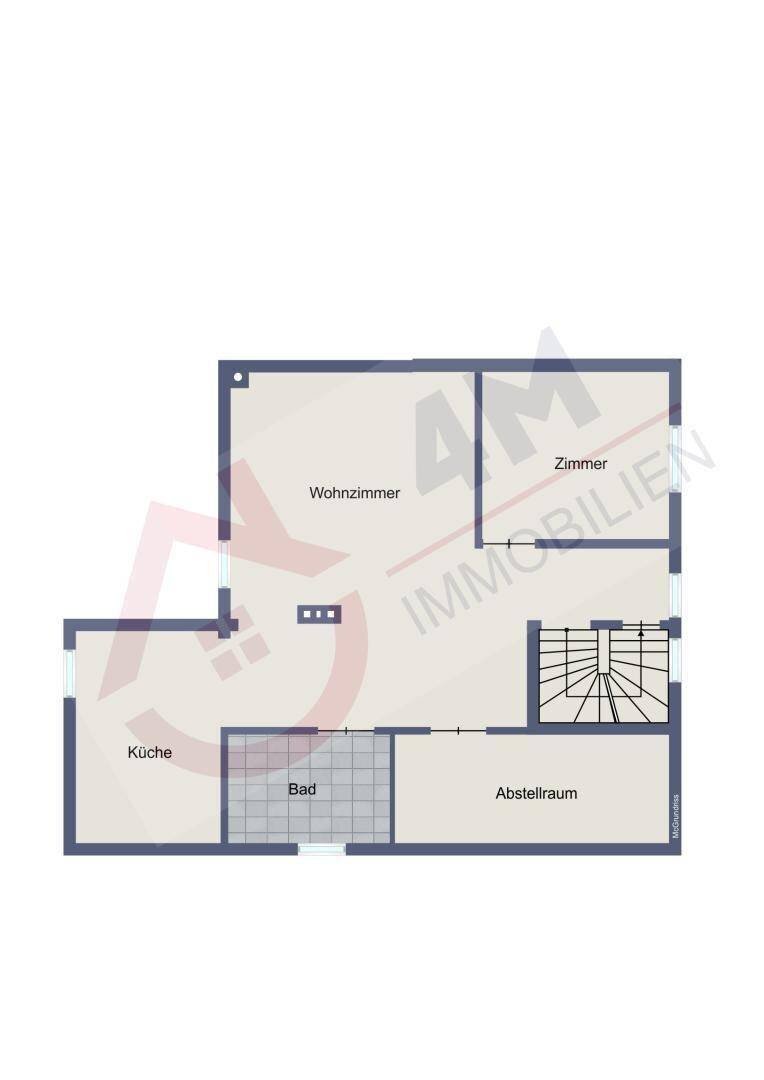 Grundriss des Obergeschosses mit Wohnzimmer, Zimmer, Bad und Abstellraum.