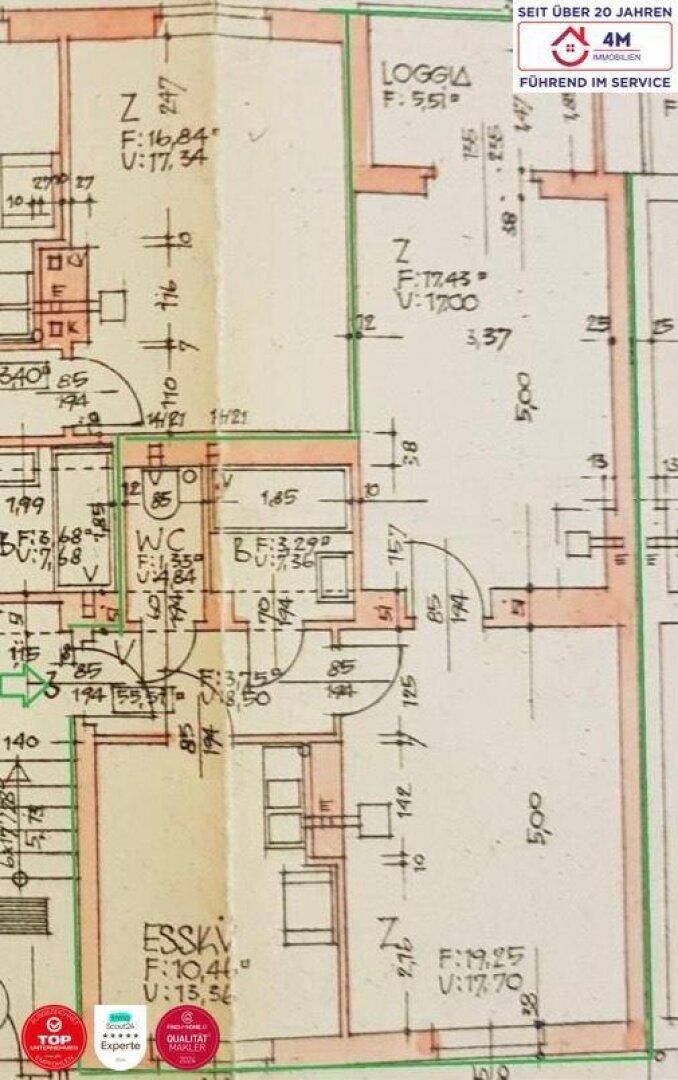 Detaillierter Grundrissplan mit Raumaufteilung und Loggia.