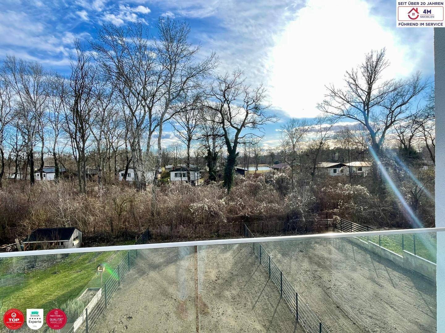 Weitläufiger Blick von der Dachterrasse über die umliegende grüne Landschaft und Bäume.