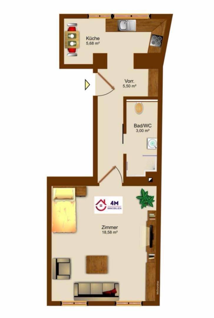 Detaillierter Grundriss einer Wohnung mit separater Küche, Bad und einem großen Zimmer.