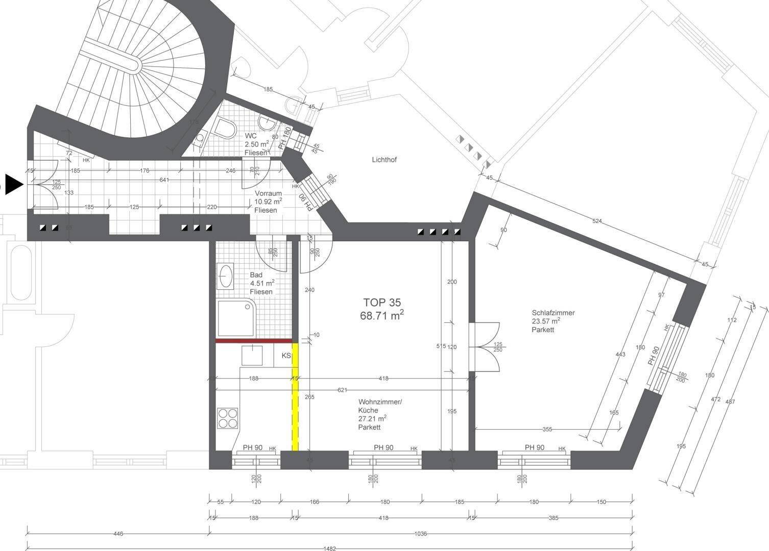 Grundriss der Wohnung Top 35 mit 68,71 m² Wohnfläche und Balkon.
