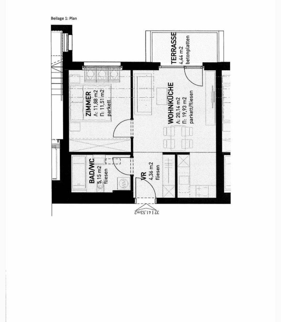 Grundrissplan einer Wohnung mit Zimmer, Wohnküche, Bad/WC und einer Terrasse.