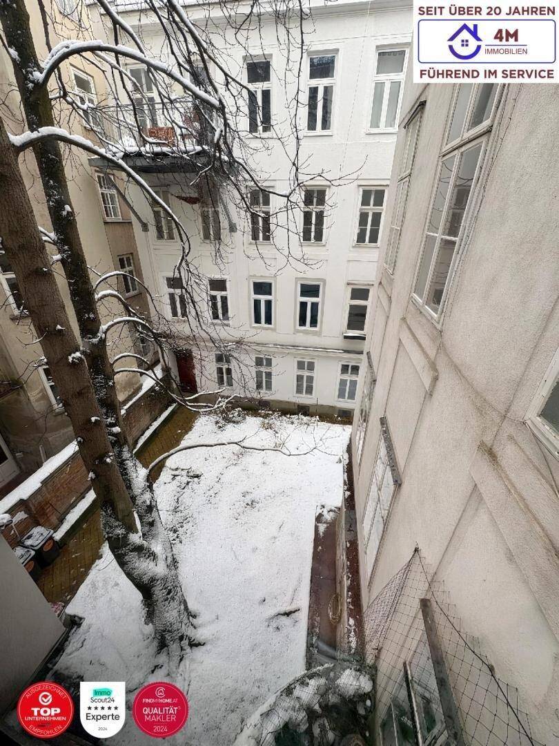 Blick in einen verschneiten Innenhof mit Bäumen, umgeben von Altbaufassaden.