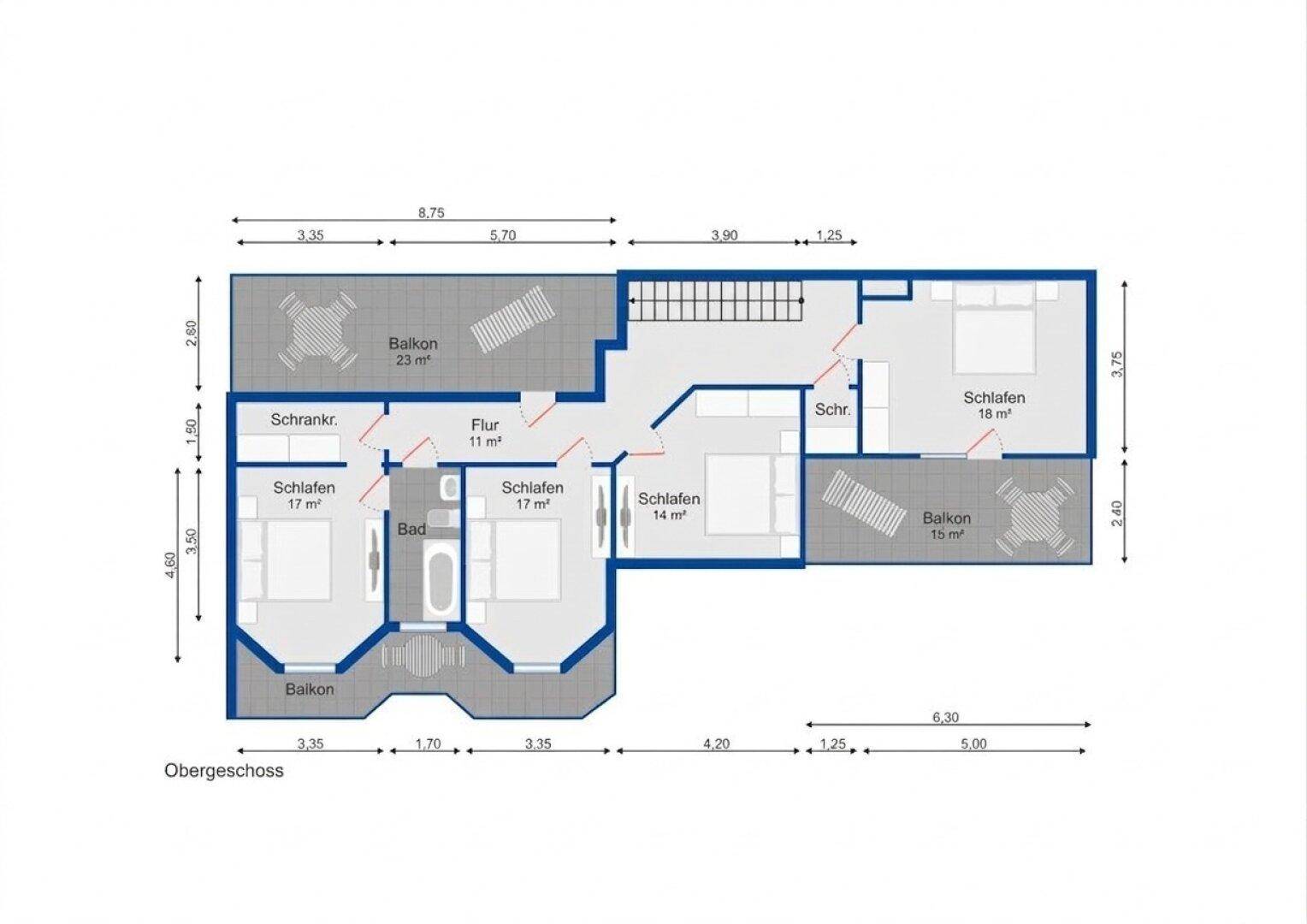 Grundriss des Obergeschosses mit drei Schlafzimmern und zwei Balkonen.