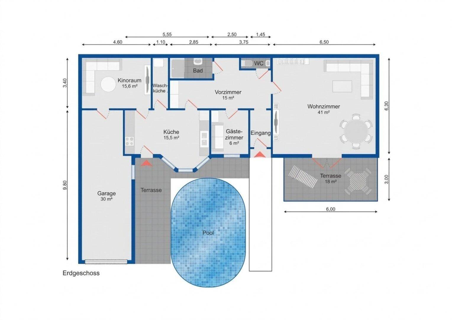 Grundriss des Erdgeschosses mit Wohnzimmer, Küche, Garage und Poolbereich.
