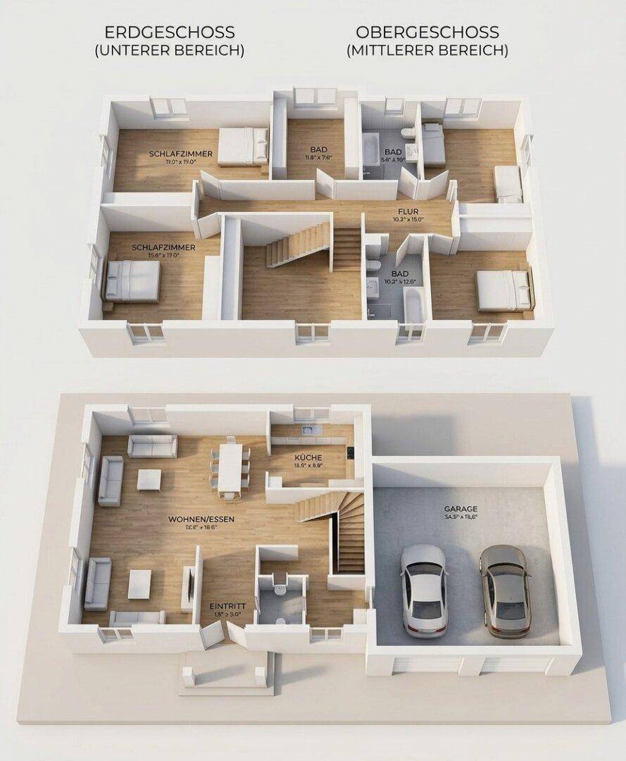 3D-Grundriss der Villa mit Erdgeschoss und Obergeschoss, inklusive Garage und mehreren Schlafzimmern.