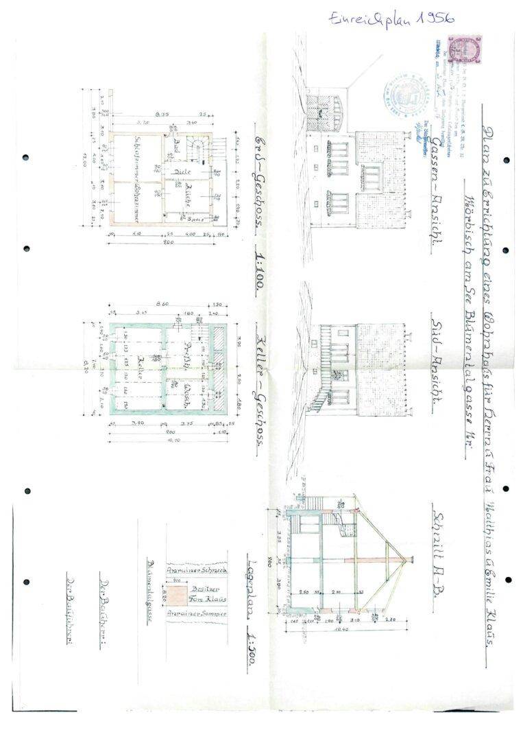 Historischer Einreichplan von 1956 mit verschiedenen Grundrissen und Ansichten des Gebäudes.