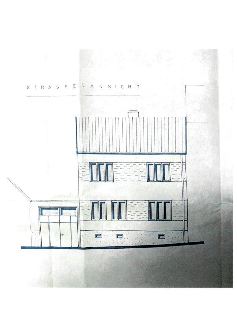 Fassadenansicht des Hauses von der Straßenseite mit Fenstern und Dachform.