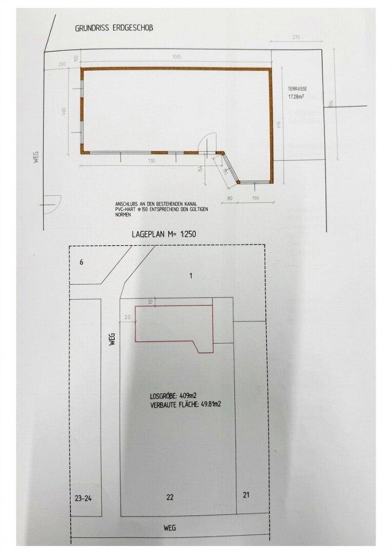Grundriss des Erdgeschosses mit Terrasse und Lageplan des gesamten Grundstücks.