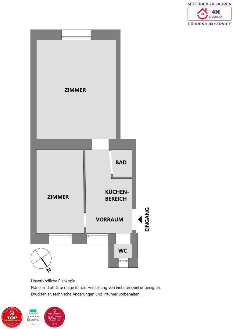 Grundriss einer Wohnung mit zwei Zimmern, Küche, Bad und separatem WC.