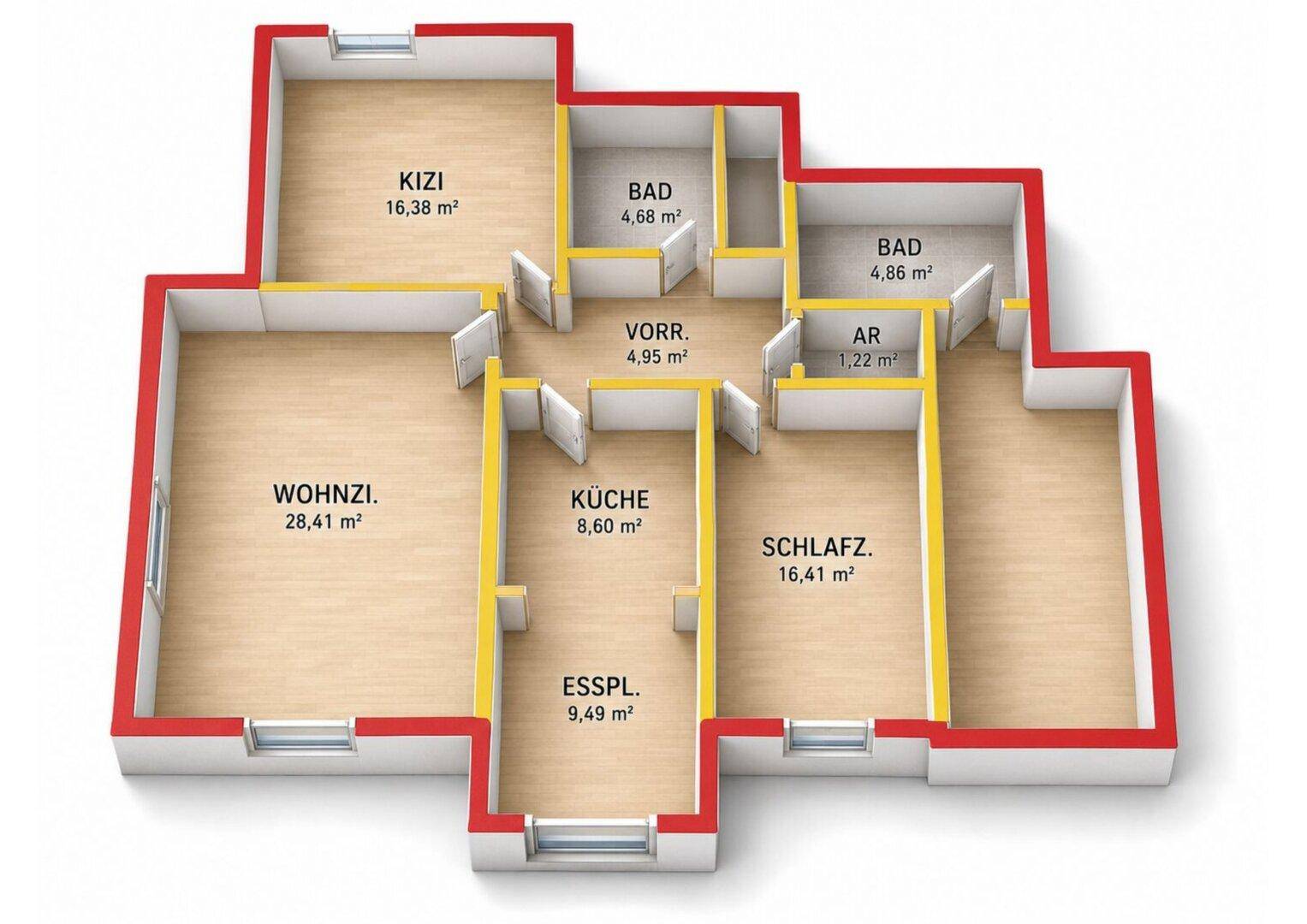 Übersichtlicher Grundriss der Wohnung mit klarer Raumaufteilung und Größenangaben.