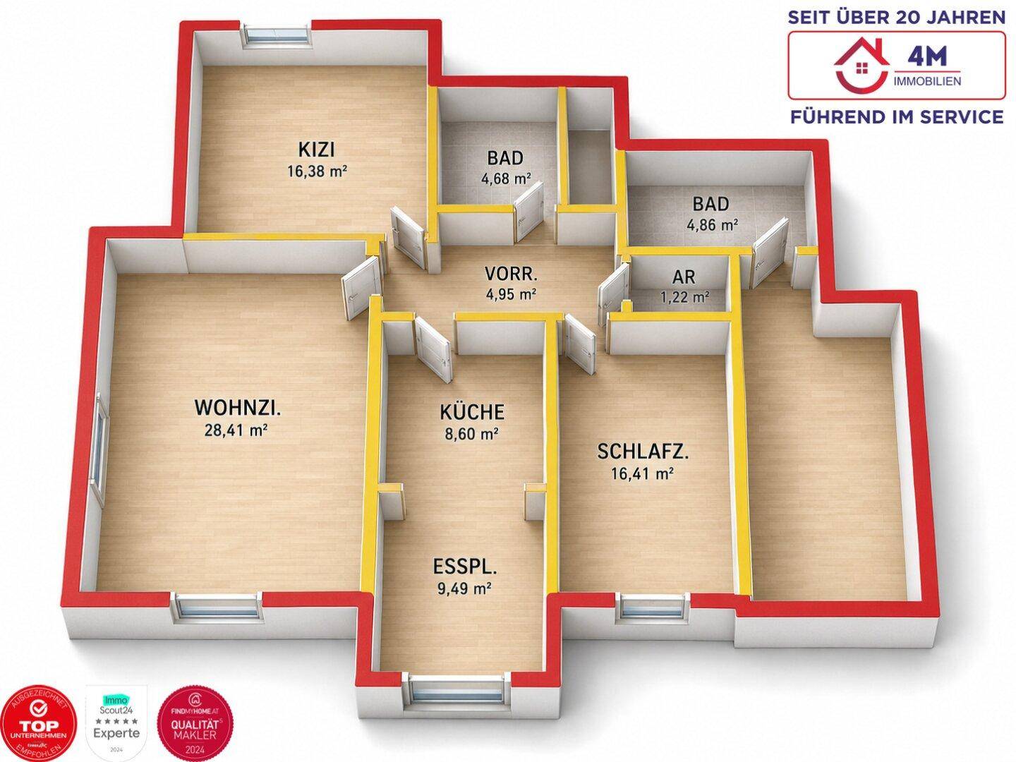 Detaillierter Grundriss der Wohnung mit Raumaufteilung und Flächenangaben.