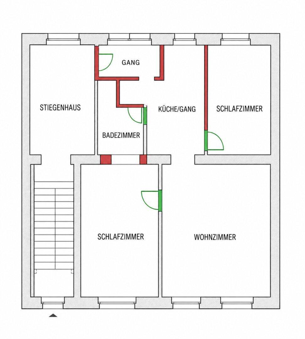 Grundriss der Wohnung mit drei Zimmern, Küche, Bad und Flur.