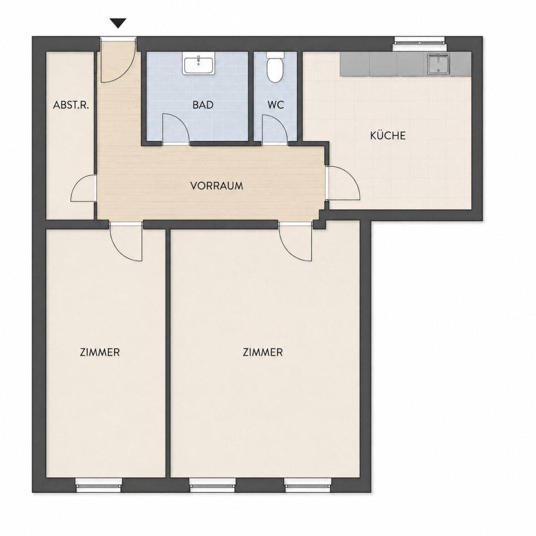 Grundriss einer Wohnung mit zwei Zimmern, Küche, Bad, WC und Abstellraum.