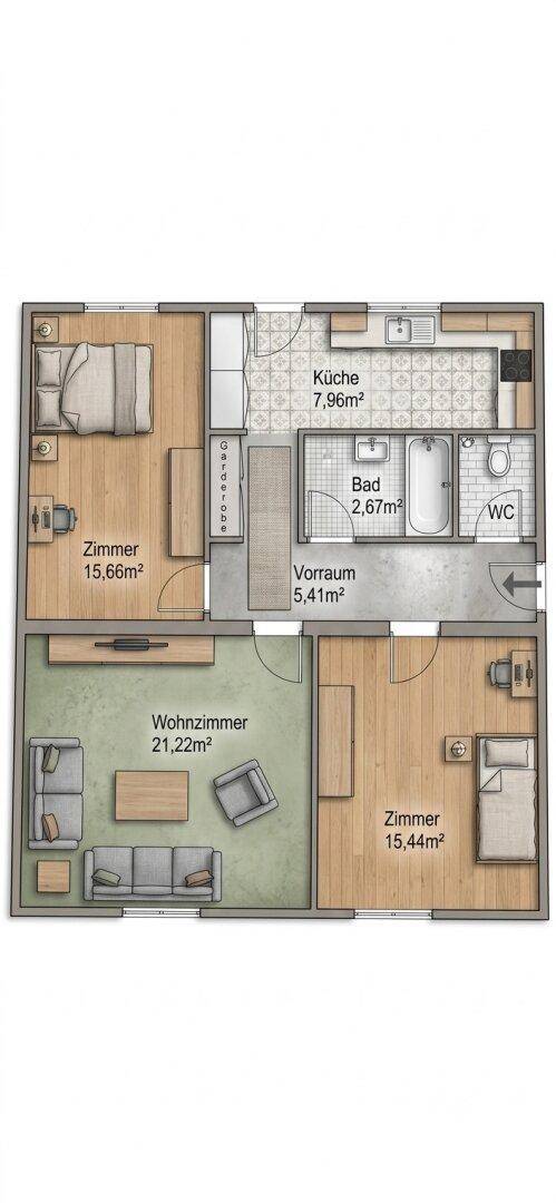 Detaillierter Grundriss einer Wohnung mit Küche, Bad, Wohnzimmer und zwei weiteren Zimmern.