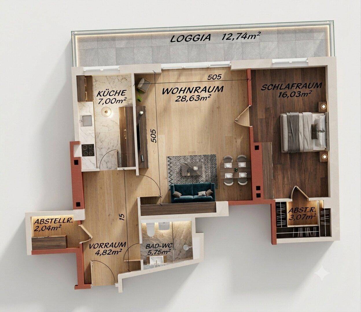 Detaillierter Grundriss einer Wohnung mit Loggia, Wohnraum, Küche und Schlafzimmer.