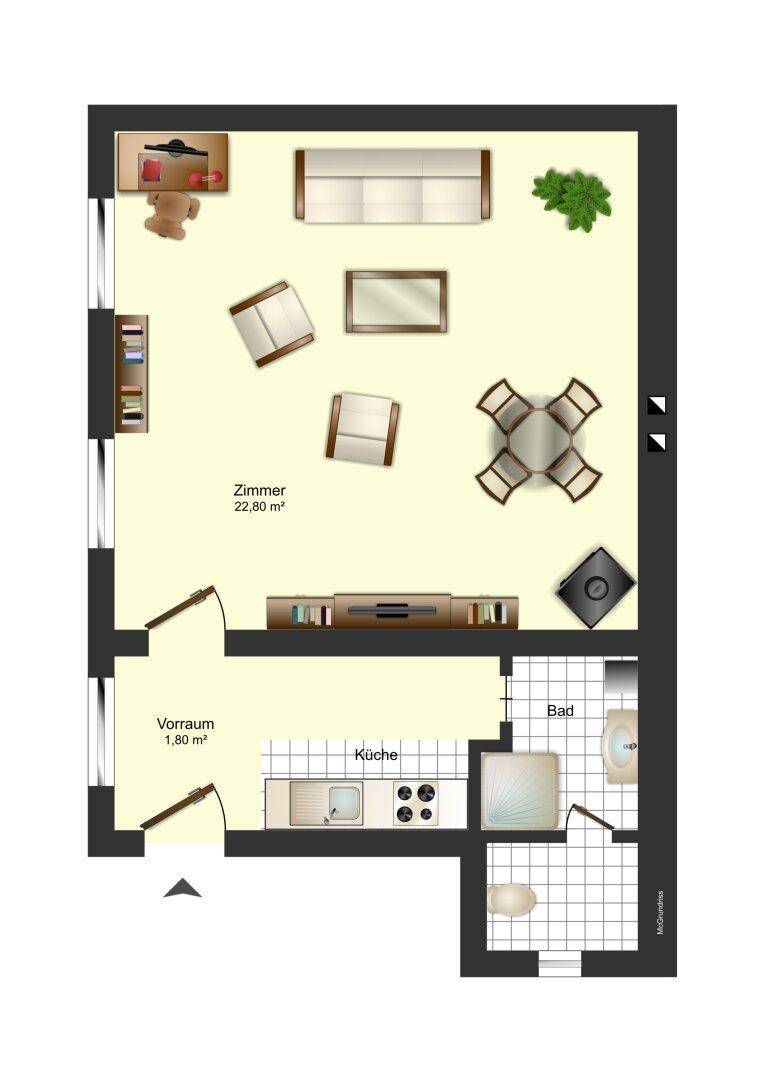 Grundriss einer Wohnung mit einem großen Zimmer, Küche und Bad.