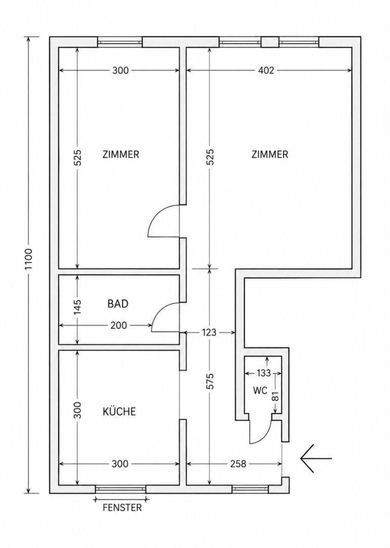 Grundriss der Wohnung mit drei Zimmern, Küche, Bad und separatem WC, inklusive Maßen.