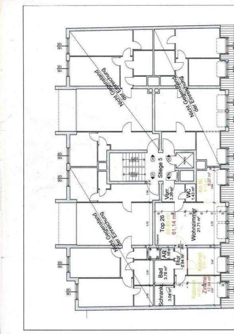 Grundriss der Wohnung Top 26 mit Wohnzimmer, Bad und WC, sowie einem Abstellraum.