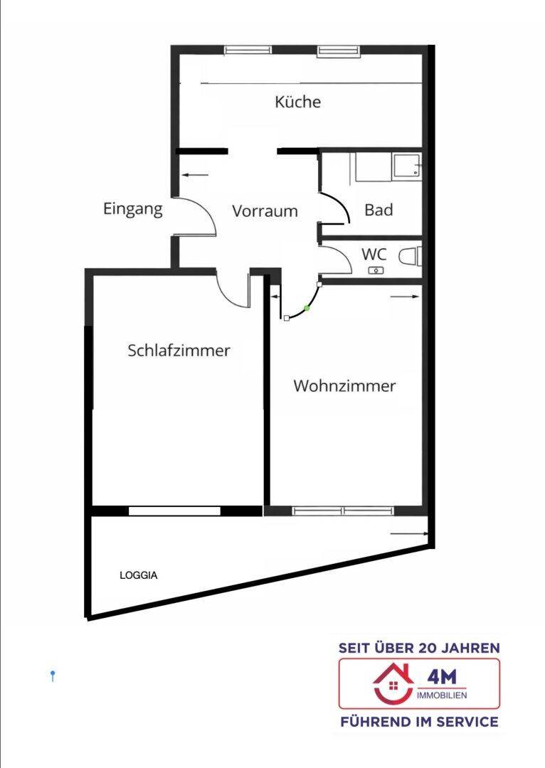 Grundriss der Wohnung mit Küche, Bad, WC, Schlafzimmer, Wohnzimmer und Loggia.