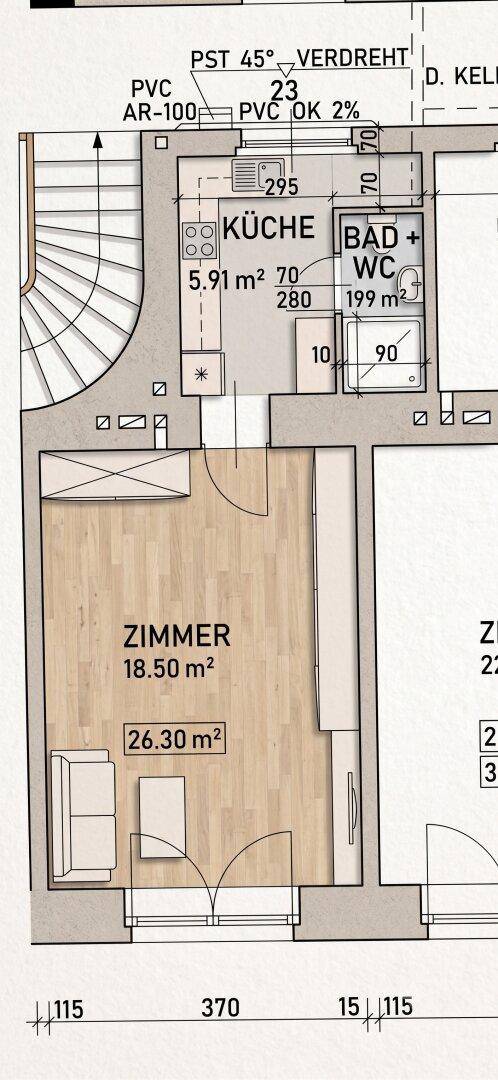Grundriss zeigt die Aufteilung von Küche, Bad und Zimmern mit Flächenangaben.