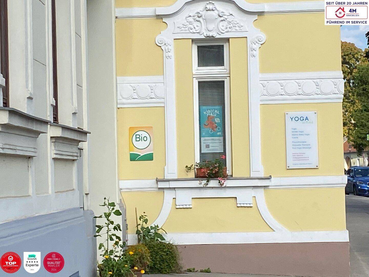 Detailansicht einer gelben Fassade mit Stuckverzierungen und einem Fenster mit Blumenkasten.
