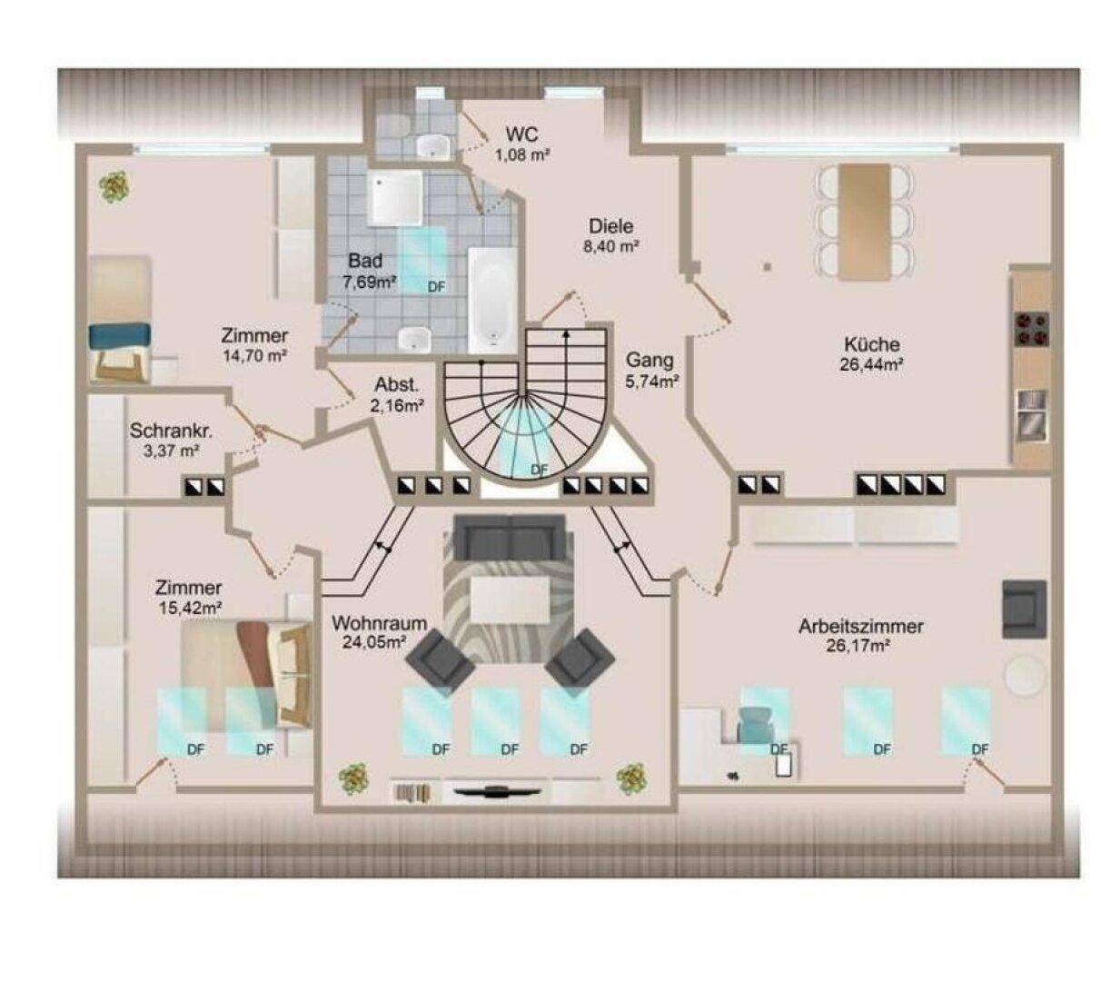 Detaillierter Grundriss des Dachgeschosses mit Wohnraum, Küche, Schlafzimmern und Bädern.