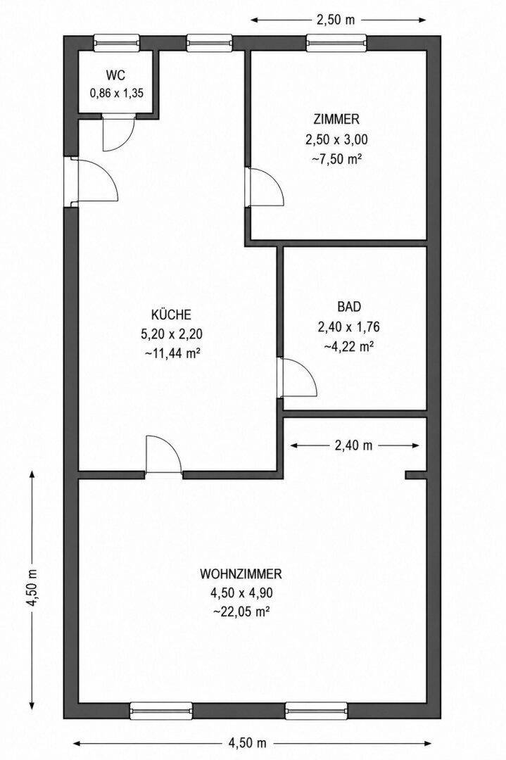 Grundriss der Wohnung zeigt Wohnzimmer, Küche, Bad, WC und ein weiteres Zimmer.