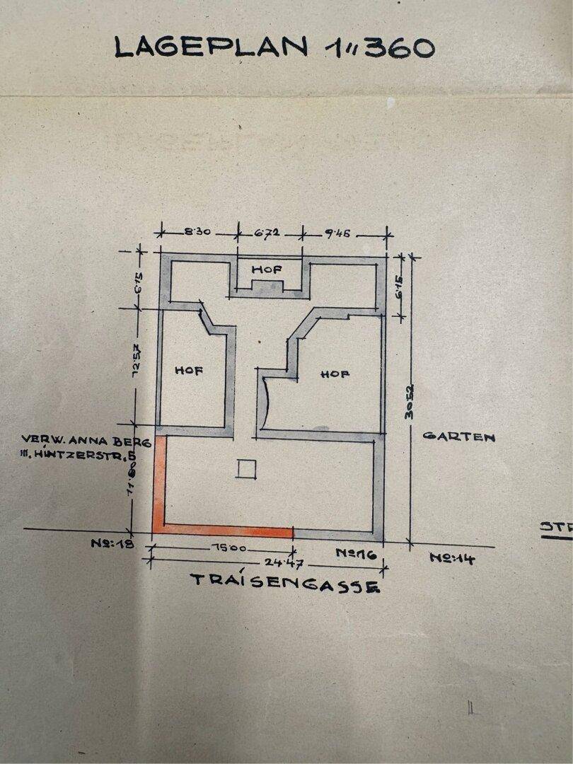 Historischer Lageplan des Grundstücks mit angrenzenden Straßen und Höfen.