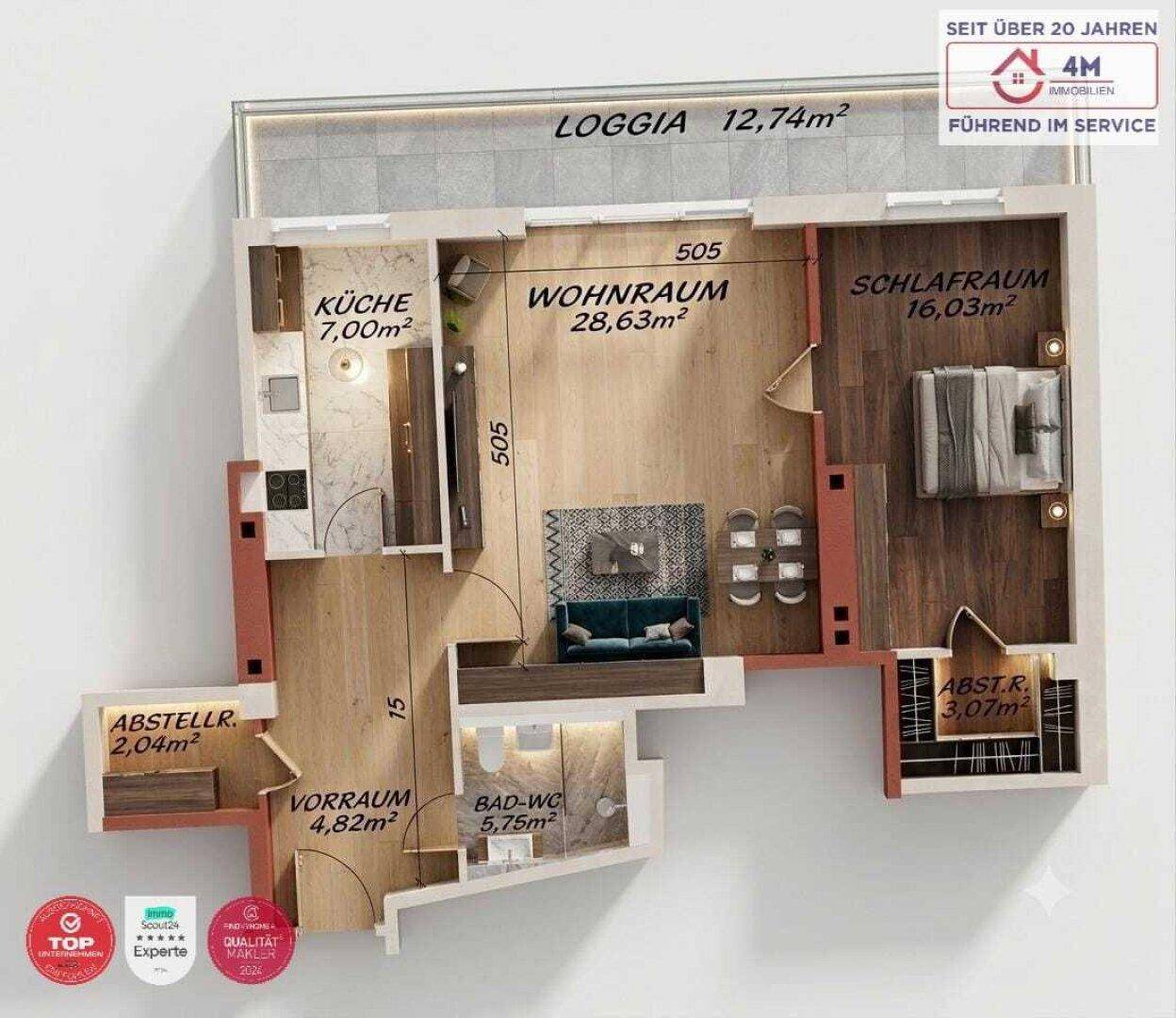 Detaillierter Grundriss einer Wohnung mit Loggia, Wohnraum, Küche und Schlafzimmer.