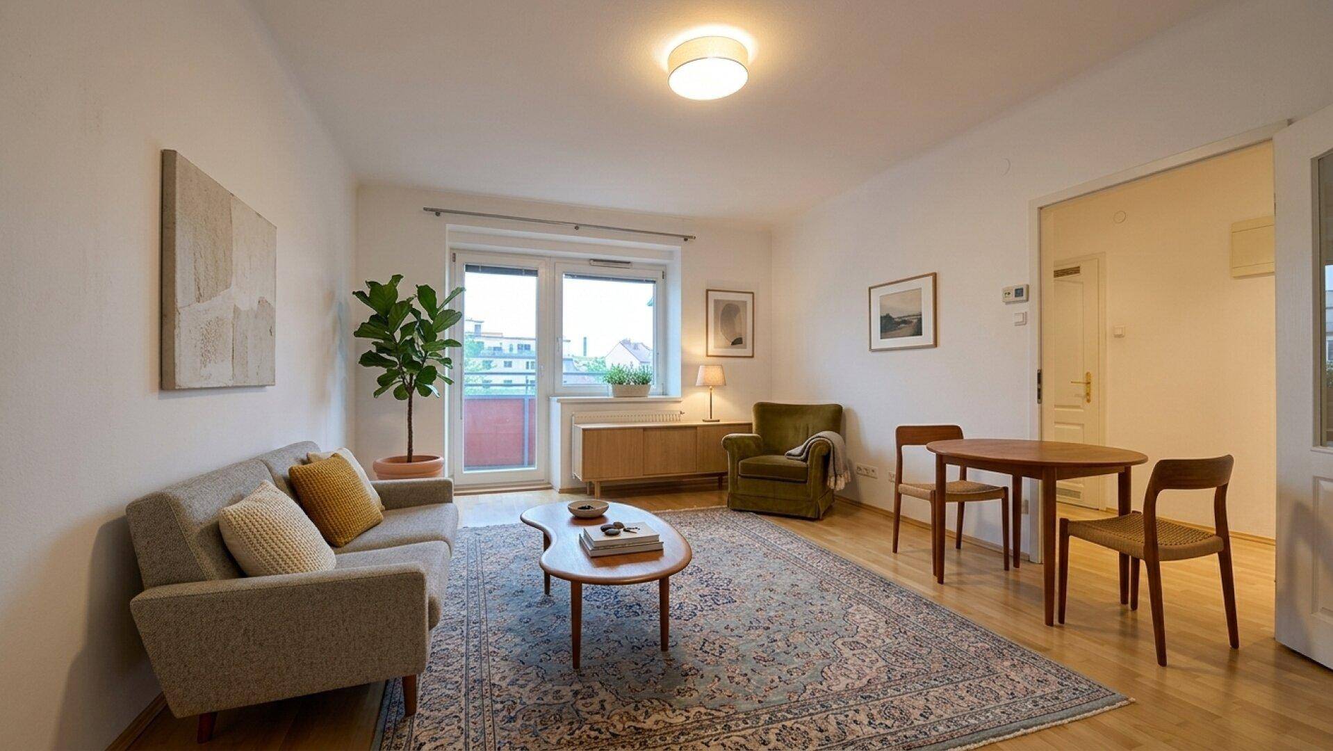 Gemütlicher Wohn-Essbereich mit Sofa, Esstisch und Zugang zu einem Balkon.