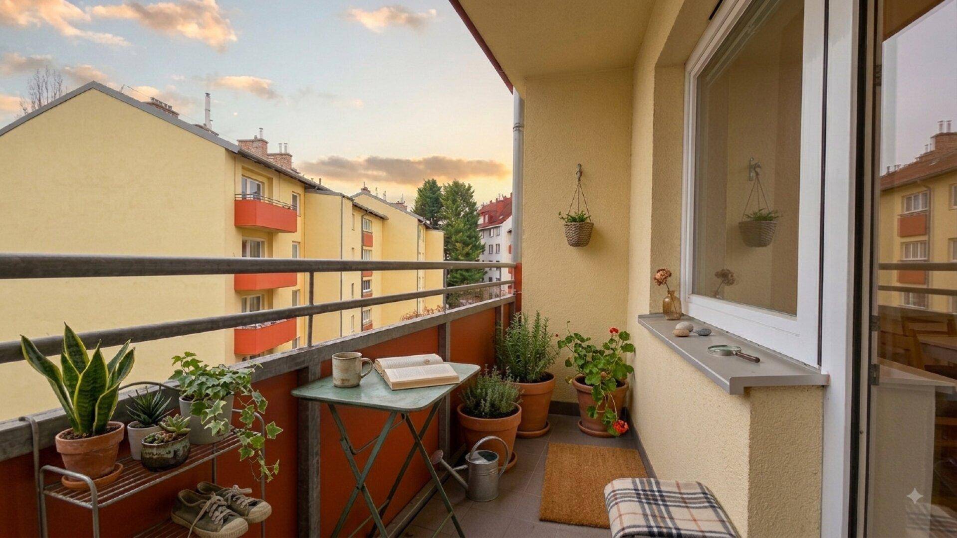 Möblierter Balkon mit Pflanzen und Blick auf die umliegenden Gebäude.