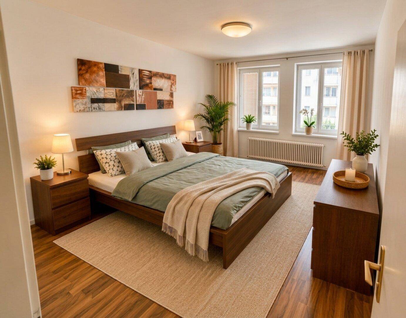 Helles Schlafzimmer mit Doppelbett, Nachttischen und Blick aus den Fenstern.