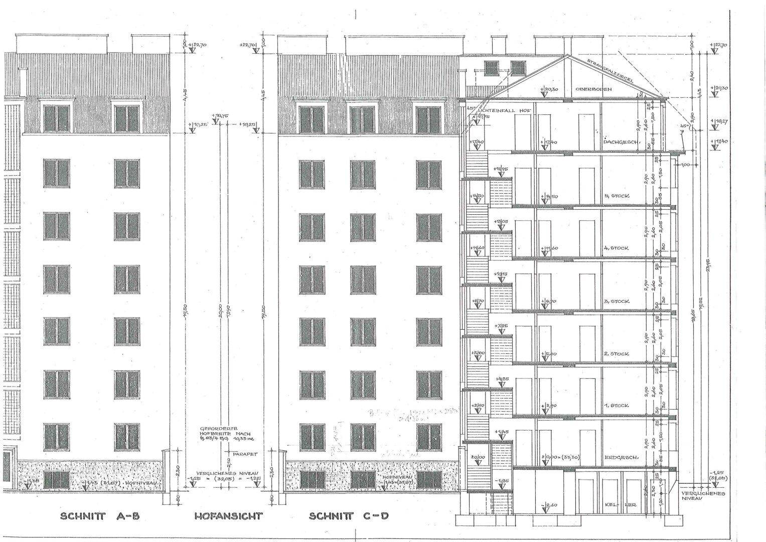 Architektonischer Schnitt und Hofansicht des Gebäudes mit detaillierter Stockwerksdarstellung.