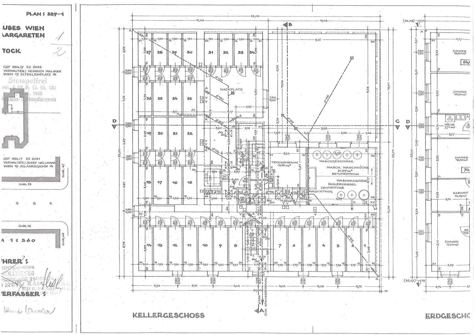 Detaillierter Grundriss des Kellergeschosses und Erdgeschosses mit verschiedenen Räumen.