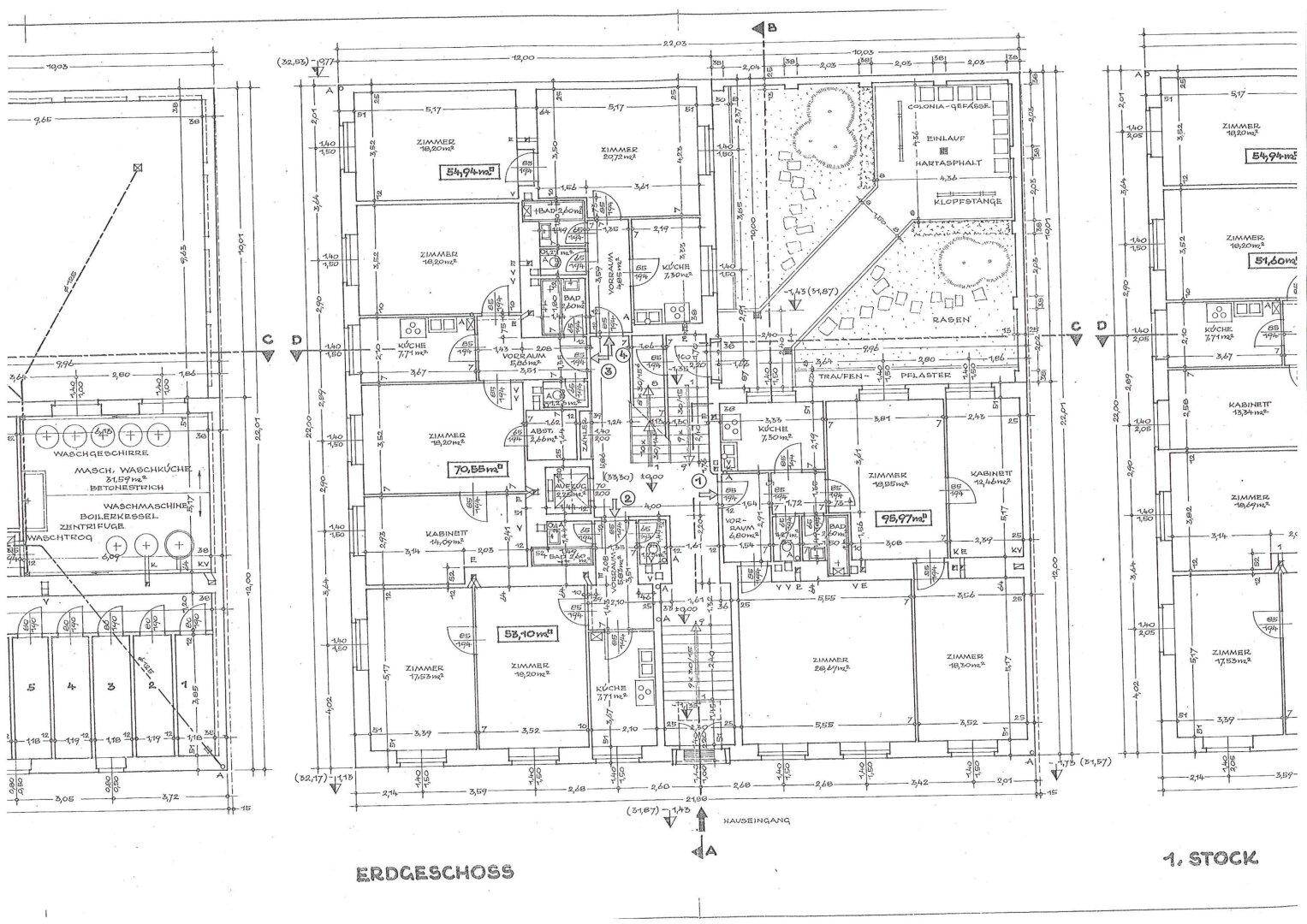 Grundriss des Erdgeschosses und ersten Stocks mit Wohnungen und Gartenbereichen.