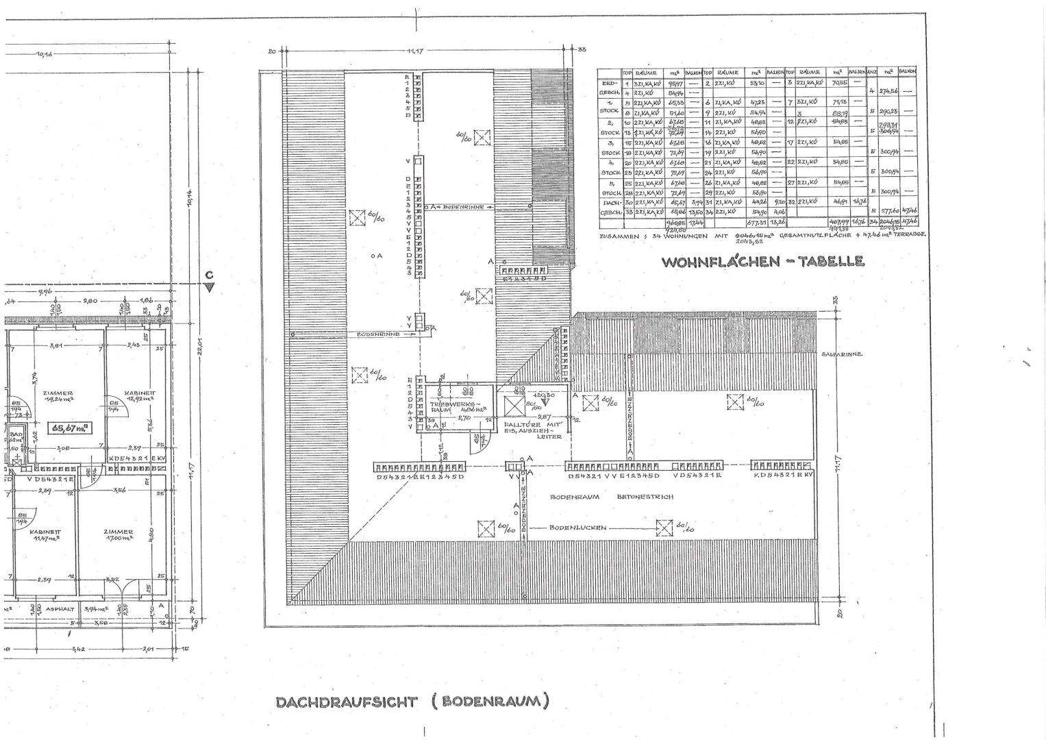 Dachaufsicht und Bodenumraum-Plan mit Wohnflächen-Tabelle und Dachstrukturen.