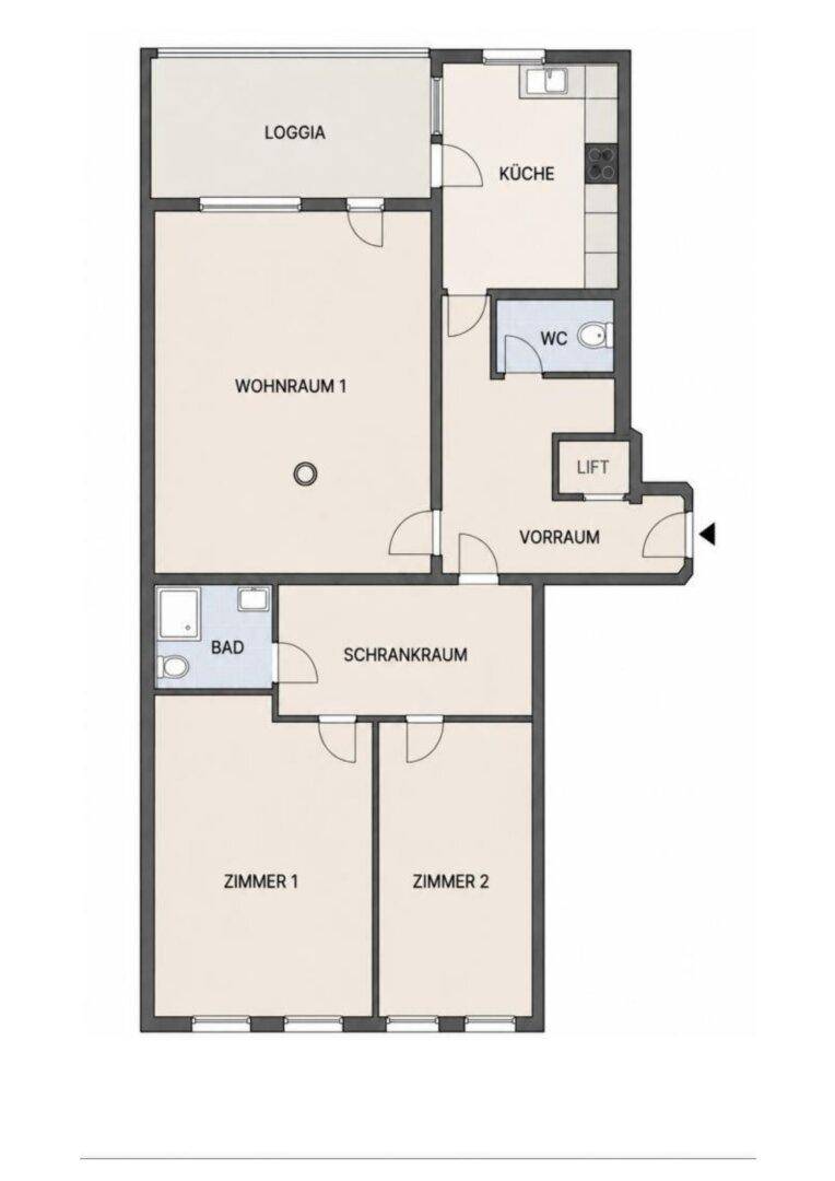 Übersichtlicher Grundriss der Wohnung mit allen Räumen und der Loggia.