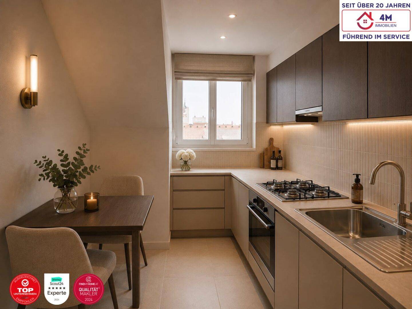 Moderne Küche mit Dachschräge, Gasherd, Essbereich und Fenster mit Blick nach draußen.