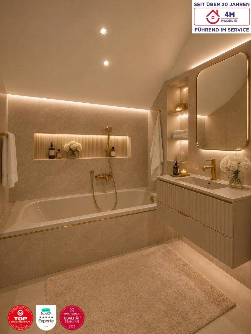 Modernes Badezimmer mit Badewanne, Einzelwaschbecken, großem Spiegel und indirekter Beleuchtung unter einer Dachschräge.