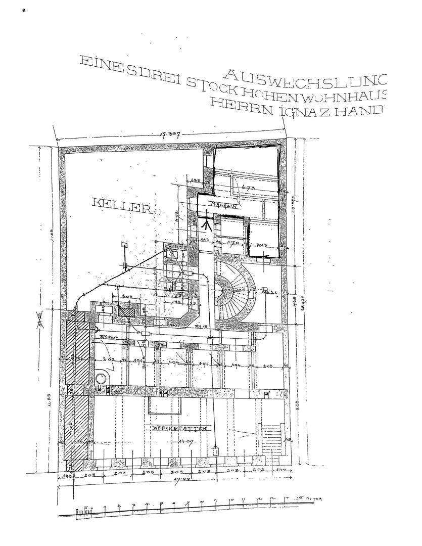 Historischer Grundriss eines Kellergeschosses mit Werkstatt und weiteren Räumen.