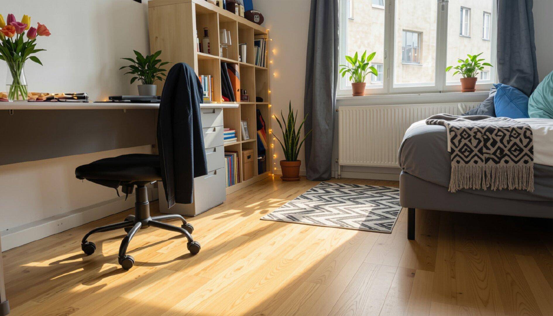 Gemütliches Schlafzimmer mit Schreibtisch, Bücherregal und Pflanzen am Fenster, das viel Licht bietet.