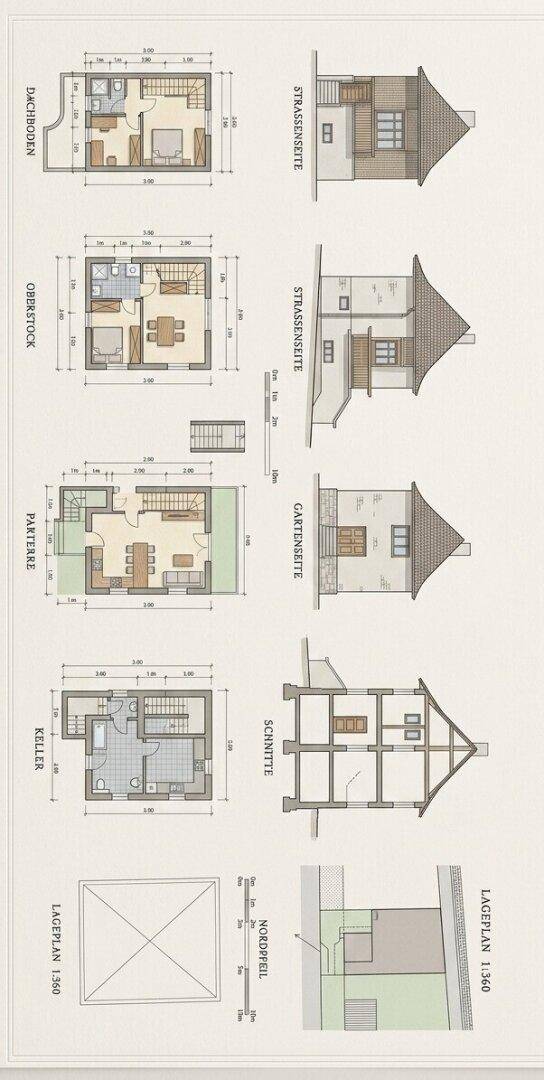 Detaillierte Grundrisse und Ansichten eines Hauses über mehrere Etagen.