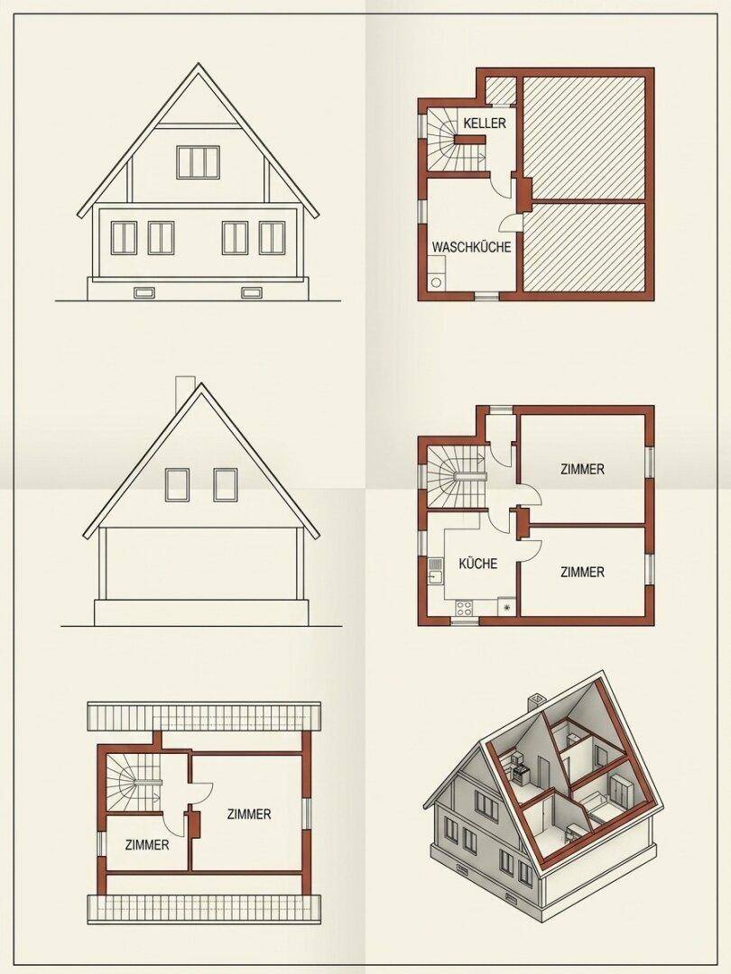 Verschiedene Grundrisse und eine isometrische Ansicht des Hauses mit Raumaufteilung.
