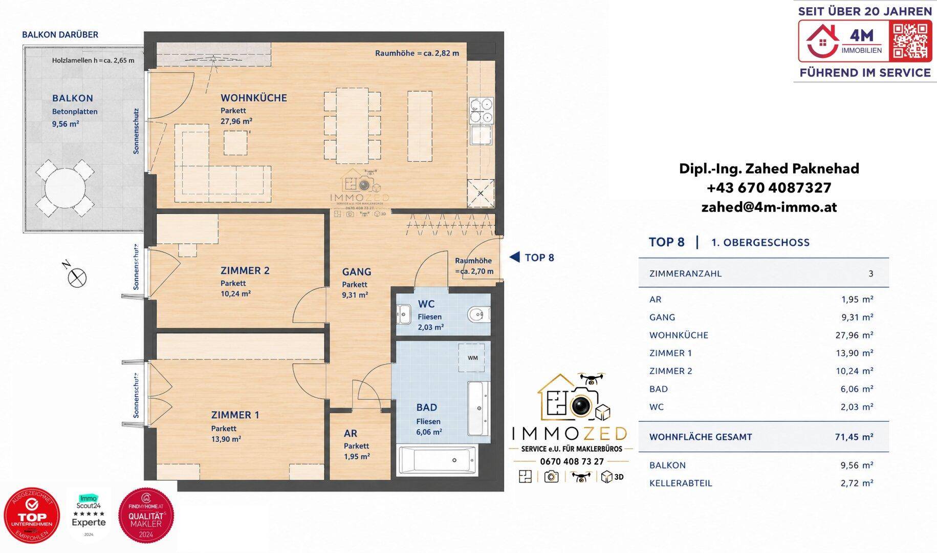 Detaillierter Grundriss mit Raummaßen und Aufteilung in Wohnküche, Schlafzimmer und Bad.
