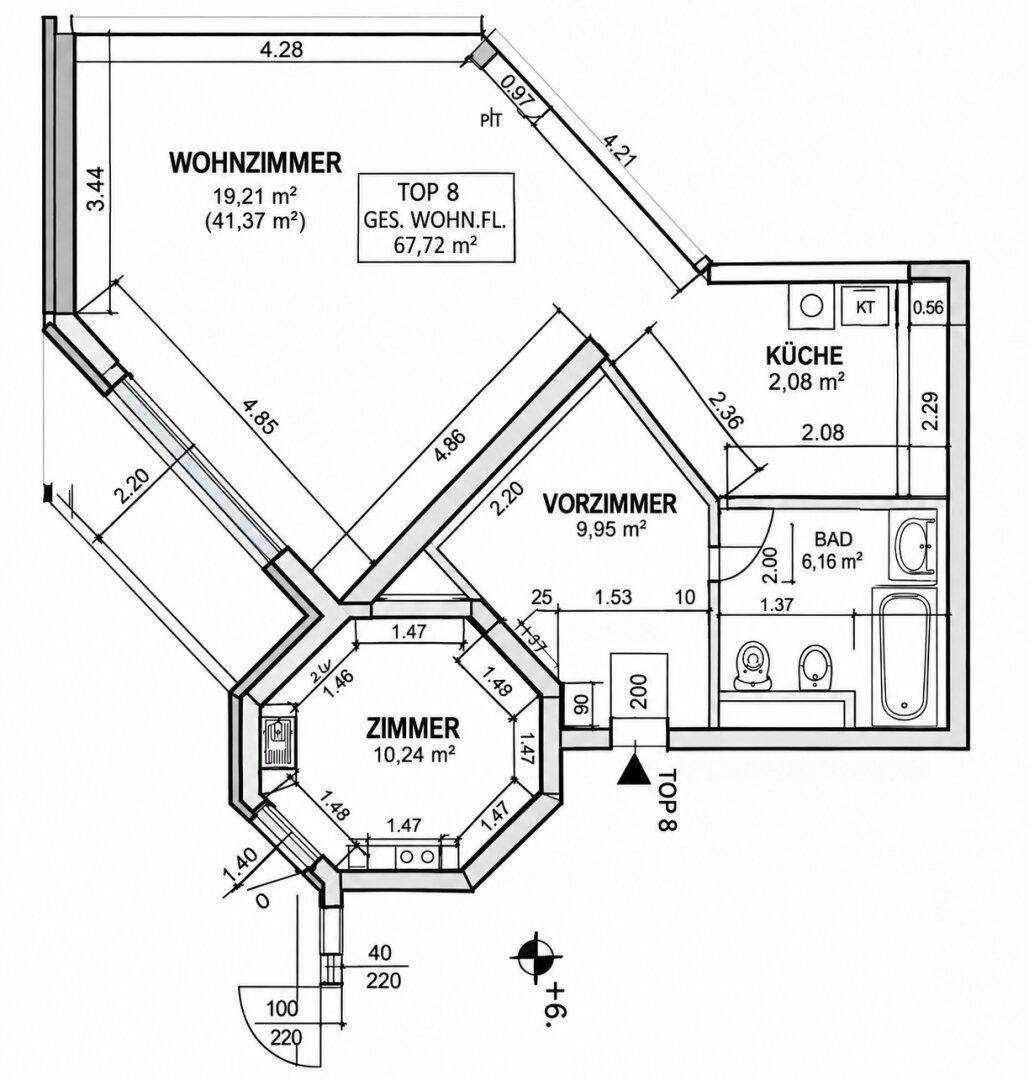 Detaillierter Grundriss der Wohnung mit Wohnzimmer, Schlafzimmer, Küche und Bad.