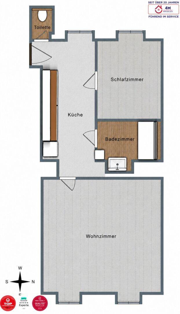 Detaillierter Grundrissplan der Immobilie mit klar definierten Wohnbereichen und Nasszellen.