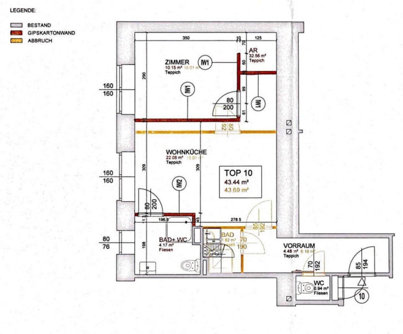 Grundriss der Wohnung mit offener Wohnküche, Schlafzimmer und separatem WC.